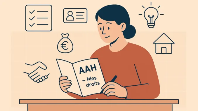 Illustration flat design d&rsquo;une personne lisant un guide intitul&eacute; &laquo; AAH &mdash; Mes droits &raquo;, entour&eacute;e d&rsquo;ic&ocirc;nes symbolisant les d&eacute;marches administratives, l&rsquo;identit&eacute;, les aides financi&egrave;res, le logement et l&rsquo;accompagnement.
