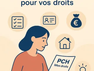 Illustration repr&eacute;sentant la lecture d&rsquo;un guide sur la PCH, avec des ic&ocirc;nes symbolisant les d&eacute;marches, l&rsquo;accompagnement, le logement et les aides financi&egrave;res.