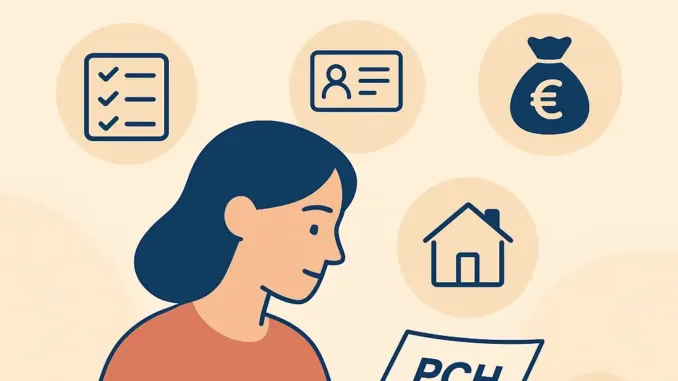 Illustration repr&eacute;sentant la lecture d&rsquo;un guide sur la PCH, avec des ic&ocirc;nes symbolisant les d&eacute;marches, l&rsquo;accompagnement, le logement et les aides financi&egrave;res.