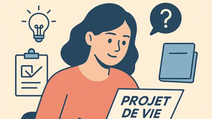 Illustration flat design d’une femme rédigeant un projet de vie MDPH, entourée d’icônes symbolisant l’aide, les démarches administratives et les financements.